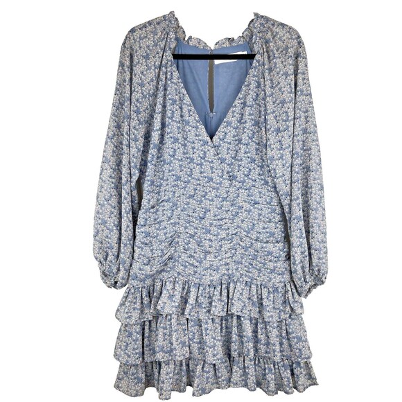 ASTR The Label Tiered Ruffle Mini Dress Women's Size Medium Blue Multi Floral - Picture 2 of 16